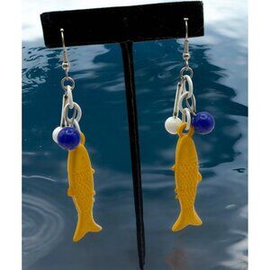 Yellow Fish Dangle Earrings With Blue & White Beads Fun Ocean Life Beach Jewelry